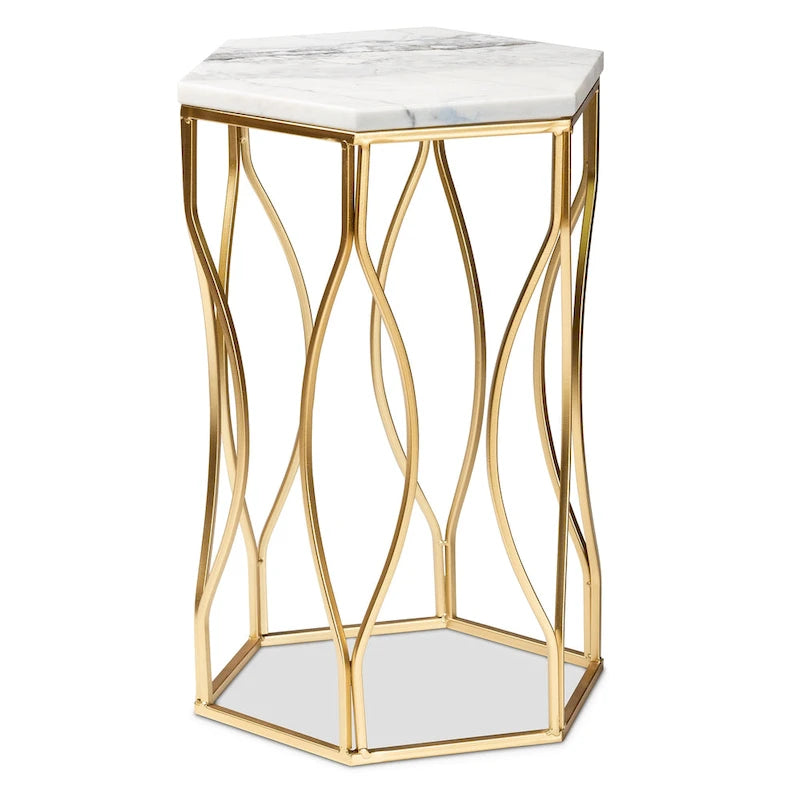 Mesa auxiliar hexagonal de mármol blanco y metal dorado, 1 pieza