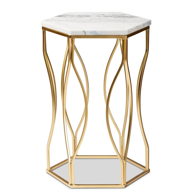 Mesa auxiliar hexagonal de mármol blanco y metal dorado, 1 pieza