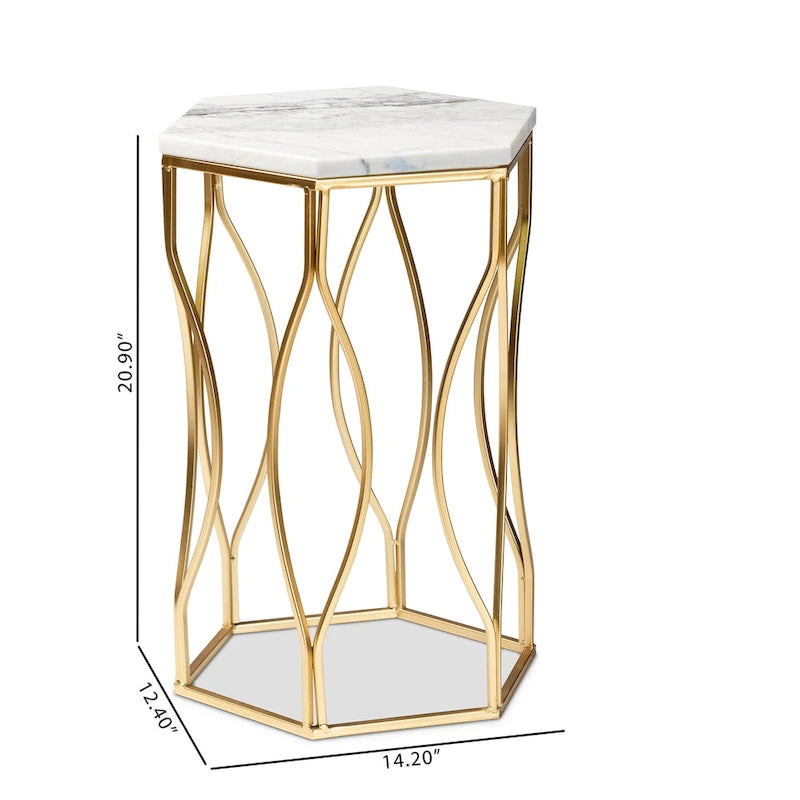 Mesa auxiliar hexagonal de mármol blanco y metal dorado, 1 pieza