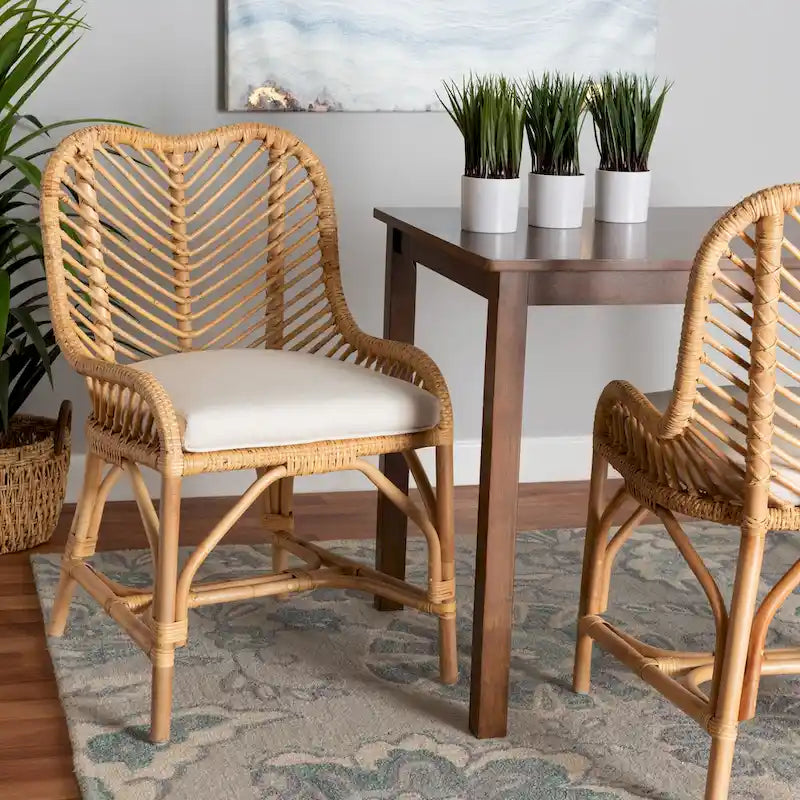 Silla de Comedor de Ratán Blanco y Marrón Natural, Estilo Bohemio, Asiento Individual