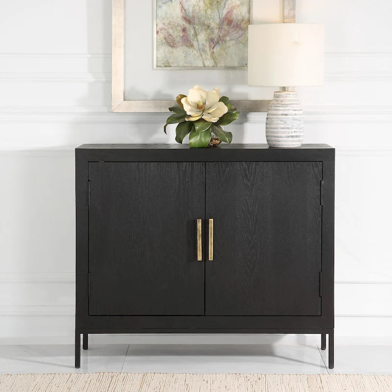 Mueble auxiliar de 2 puertas Dark Oak, Negro, con tapa de madera