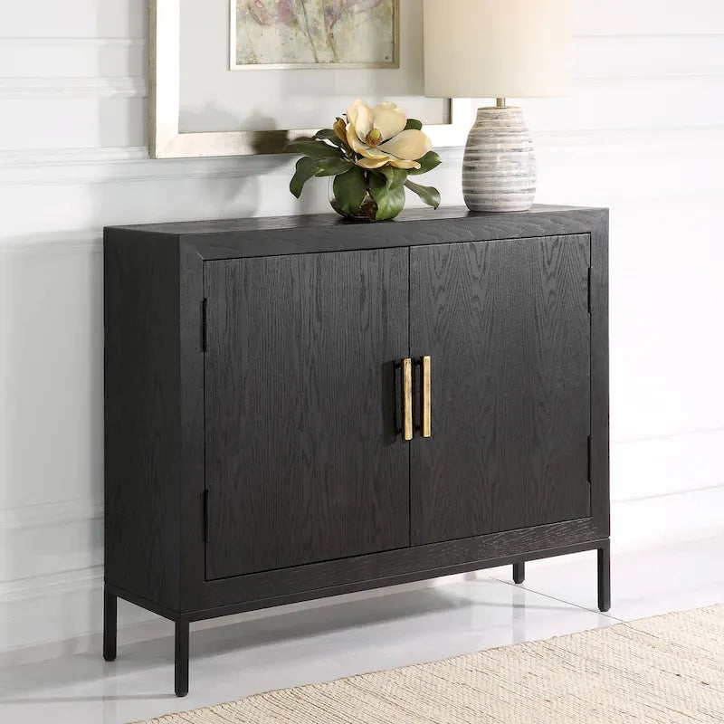 Mueble auxiliar de 2 puertas Dark Oak, Negro, con tapa de madera