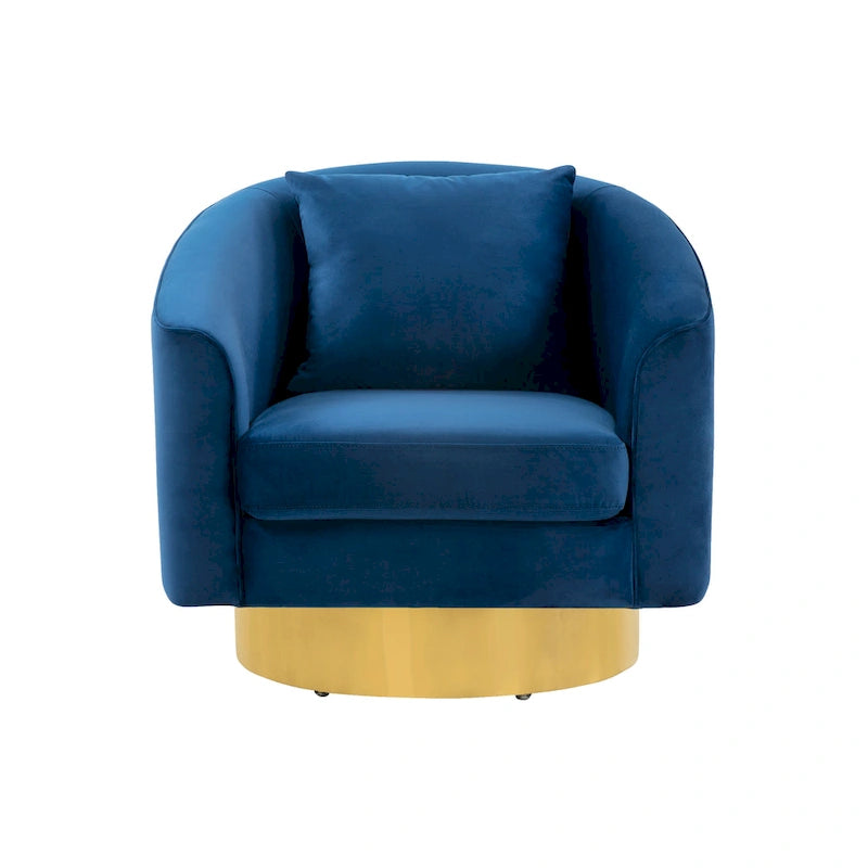 Sillón giratorio tapizado en terciopelo azul marino, base dorada, un asiento
