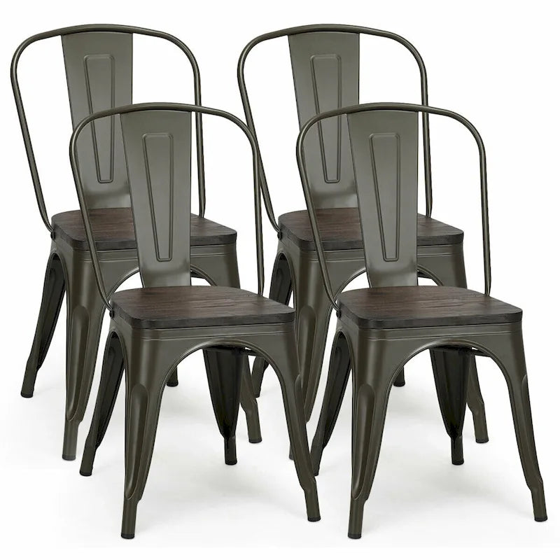 Silla de comedor de metal y madera de olmo, apilable, juego de 4