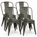 Silla de comedor de metal y madera de olmo, apilable, juego de 4