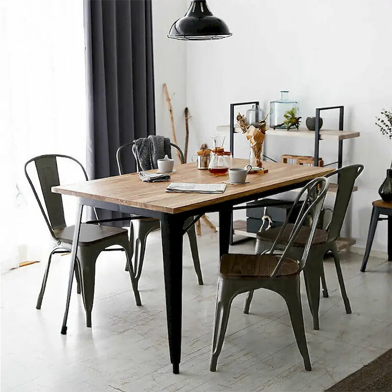 Silla de comedor de metal y madera de olmo, apilable, juego de 4
