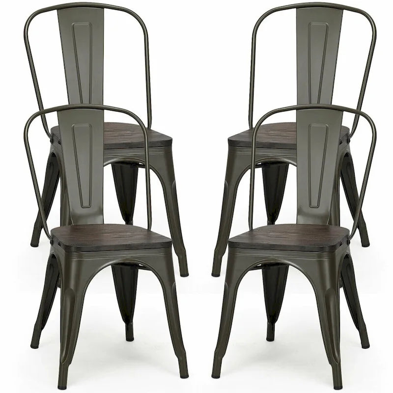 Silla de comedor de metal y madera de olmo, apilable, juego de 4