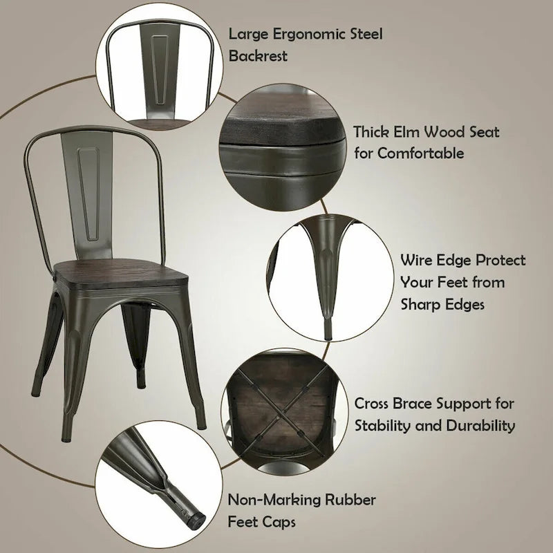 Silla de comedor de metal y madera de olmo, apilable, juego de 4