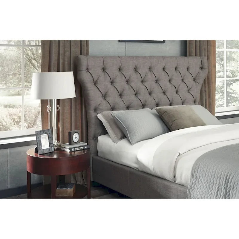 Cama tapizada con botones, de lino gris, con almacenaje, para 2 personas
