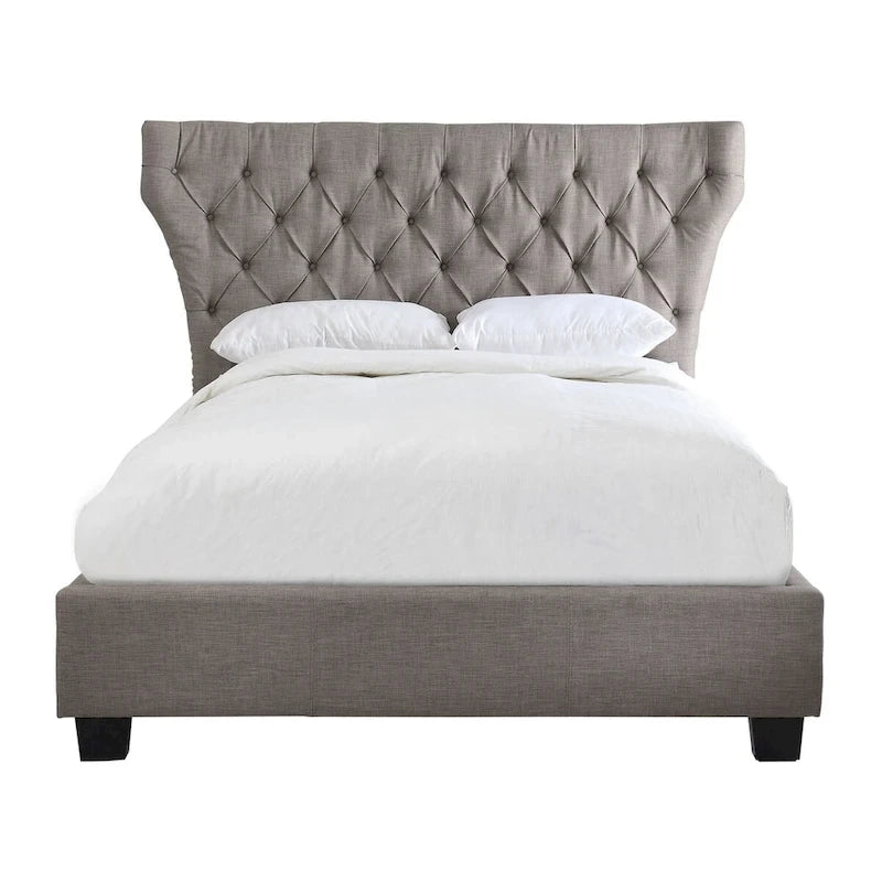 Cama tapizada con botones, de lino gris, con almacenaje, para 2 personas