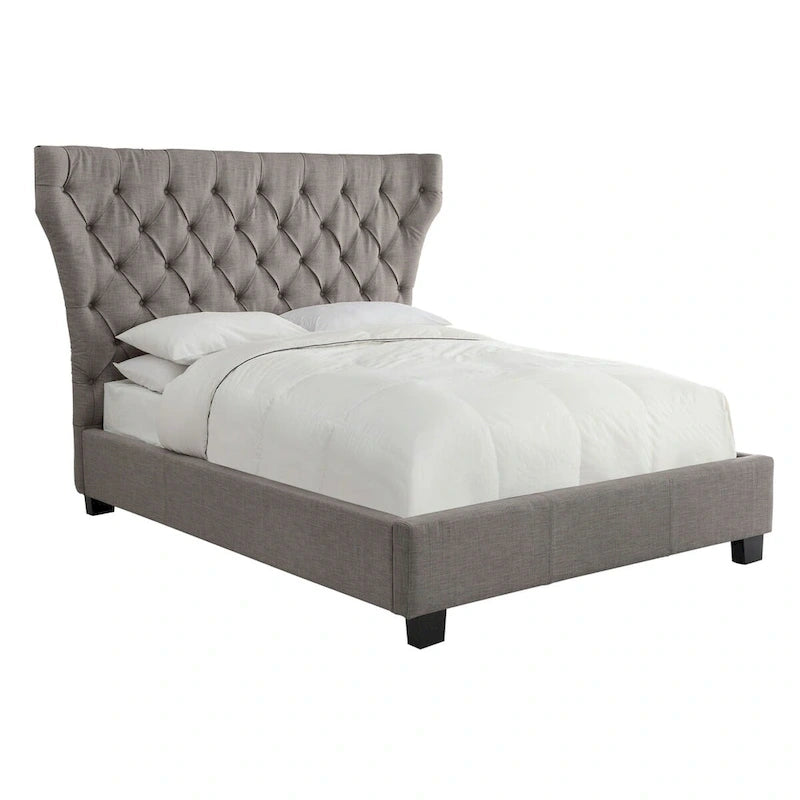 Cama tapizada con botones, de lino gris, con almacenaje, para 2 personas