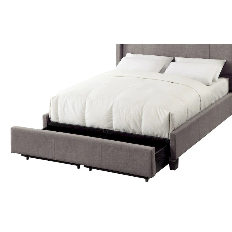 Cama tapizada con botones, de lino gris, con almacenaje, para 2 personas