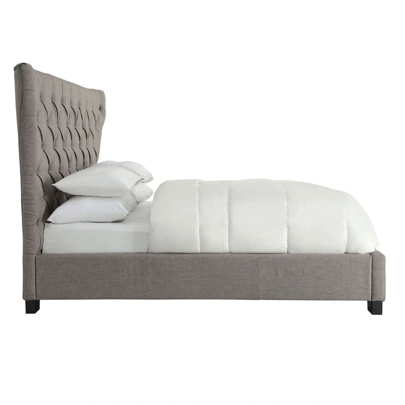 Cama tapizada con botones, de lino gris, con almacenaje, para 2 personas