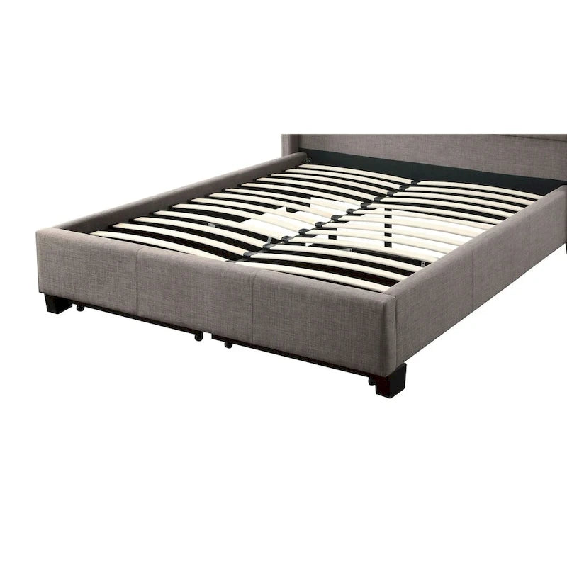 Cama tapizada con botones, de lino gris, con almacenaje, para 2 personas