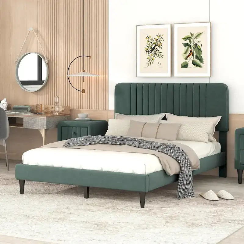 Cama de plataforma tapizada en terciopelo verde/gris, tamaños matrimonial y queen, no necesita somier, para 2