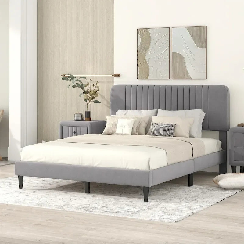 Cama de plataforma tapizada en terciopelo verde/gris, tamaños matrimonial y queen, no necesita somier, para 2