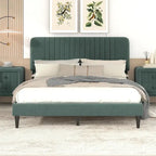 Cama de plataforma tapizada en terciopelo verde/gris, tamaños matrimonial y queen, no necesita somier, para 2