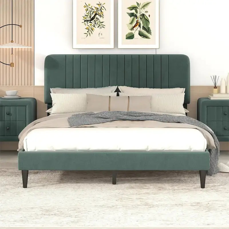 Cama de plataforma tapizada en terciopelo verde/gris, tamaños matrimonial y queen, no necesita somier, para 2