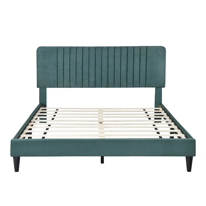 Cama de plataforma tapizada en terciopelo verde/gris, tamaños matrimonial y queen, no necesita somier, para 2