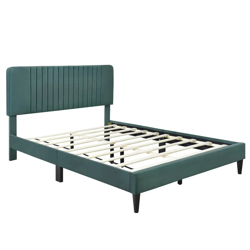 Cama de plataforma tapizada en terciopelo verde/gris, tamaños matrimonial y queen, no necesita somier, para 2