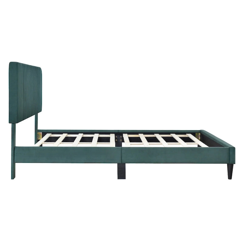 Cama de plataforma tapizada en terciopelo verde/gris, tamaños matrimonial y queen, no necesita somier, para 2