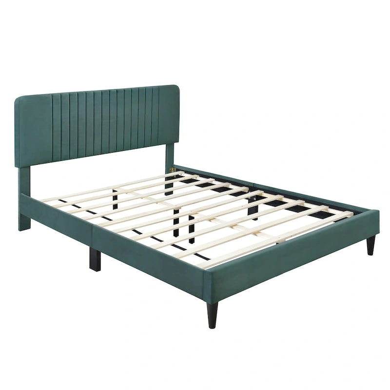 Cama de plataforma tapizada en terciopelo verde/gris, tamaños matrimonial y queen, no necesita somier, para 2