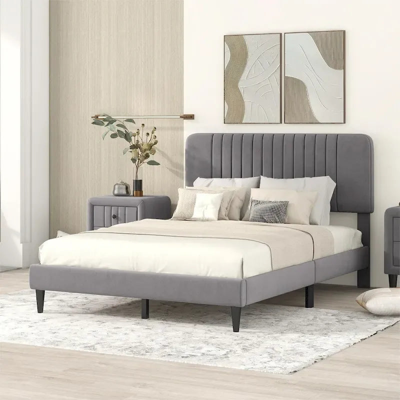Cama de plataforma tapizada en terciopelo verde/gris, tamaños matrimonial y queen, no necesita somier, para 2