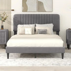 Cama de plataforma tapizada en terciopelo verde/gris, tamaños matrimonial y queen, no necesita somier, para 2