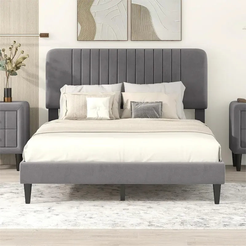 Cama de plataforma tapizada en terciopelo verde/gris, tamaños matrimonial y queen, no necesita somier, para 2