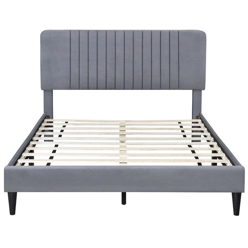 Cama de plataforma tapizada en terciopelo verde/gris, tamaños matrimonial y queen, no necesita somier, para 2