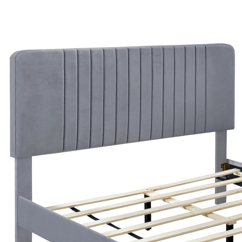 Cama de plataforma tapizada en terciopelo verde/gris, tamaños matrimonial y queen, no necesita somier, para 2
