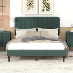 Cama de plataforma tapizada en terciopelo verde/gris, tamaños matrimonial y queen, no necesita somier, para 2