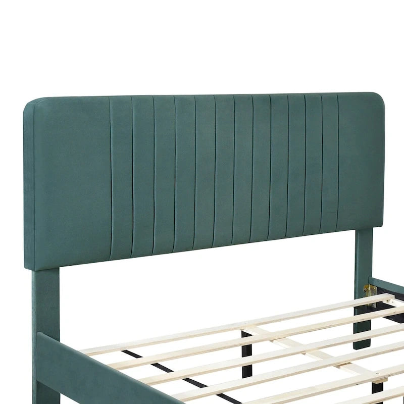 Cama de plataforma tapizada en terciopelo verde/gris, tamaños matrimonial y queen, no necesita somier, para 2