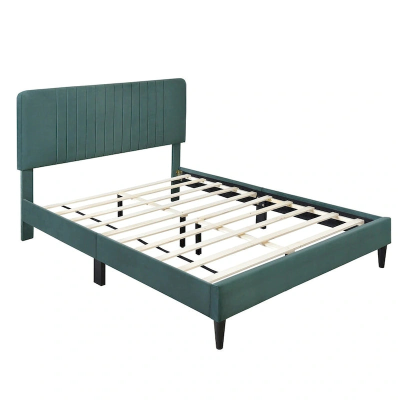 Cama de plataforma tapizada en terciopelo verde/gris, tamaños matrimonial y queen, no necesita somier, para 2