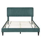 Cama de plataforma tapizada en terciopelo verde/gris, tamaños matrimonial y queen, no necesita somier, para 2