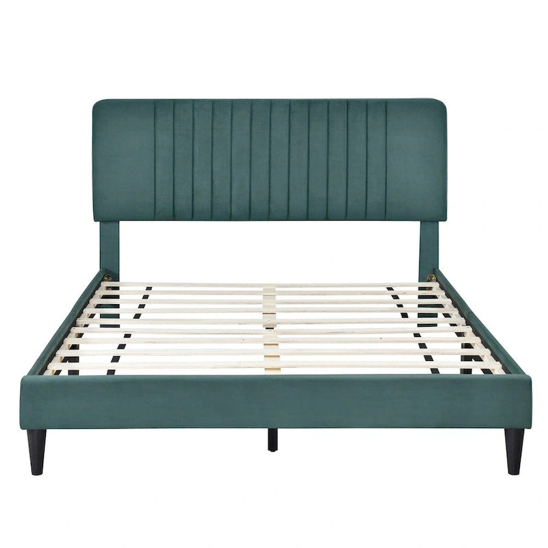 Cama de plataforma tapizada en terciopelo verde/gris, tamaños matrimonial y queen, no necesita somier, para 2