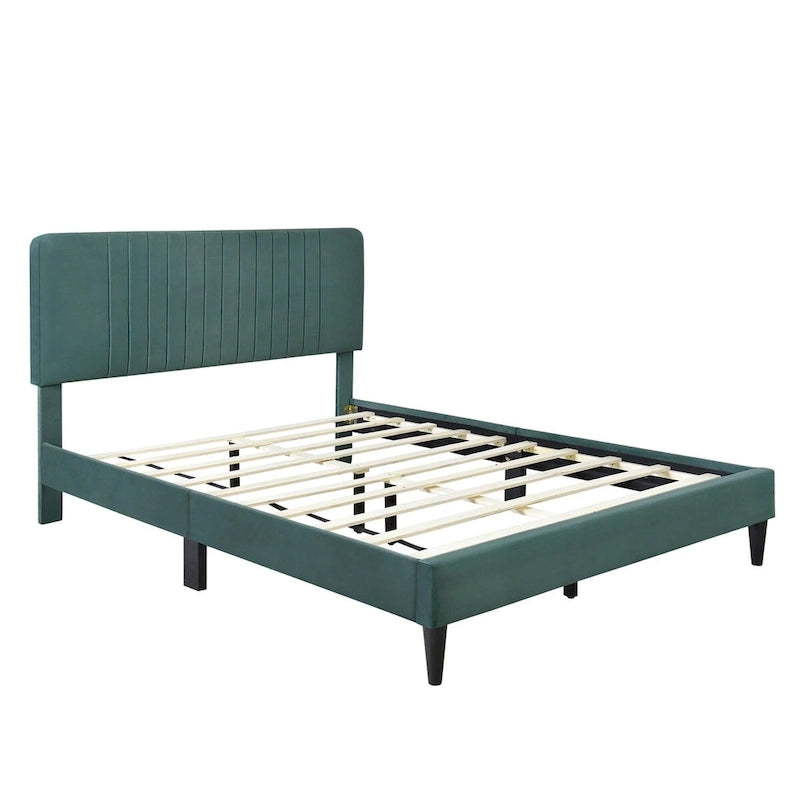 Cama de plataforma tapizada en terciopelo verde/gris, tamaños matrimonial y queen, no necesita somier, para 2