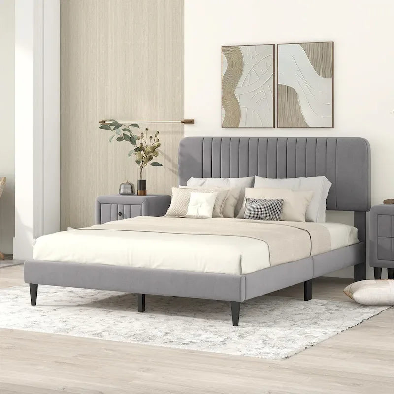 Cama de plataforma tapizada en terciopelo verde/gris, tamaños matrimonial y queen, no necesita somier, para 2