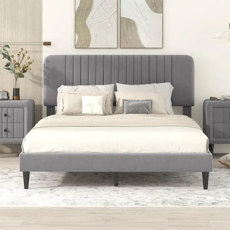 Cama de plataforma tapizada en terciopelo verde/gris, tamaños matrimonial y queen, no necesita somier, para 2