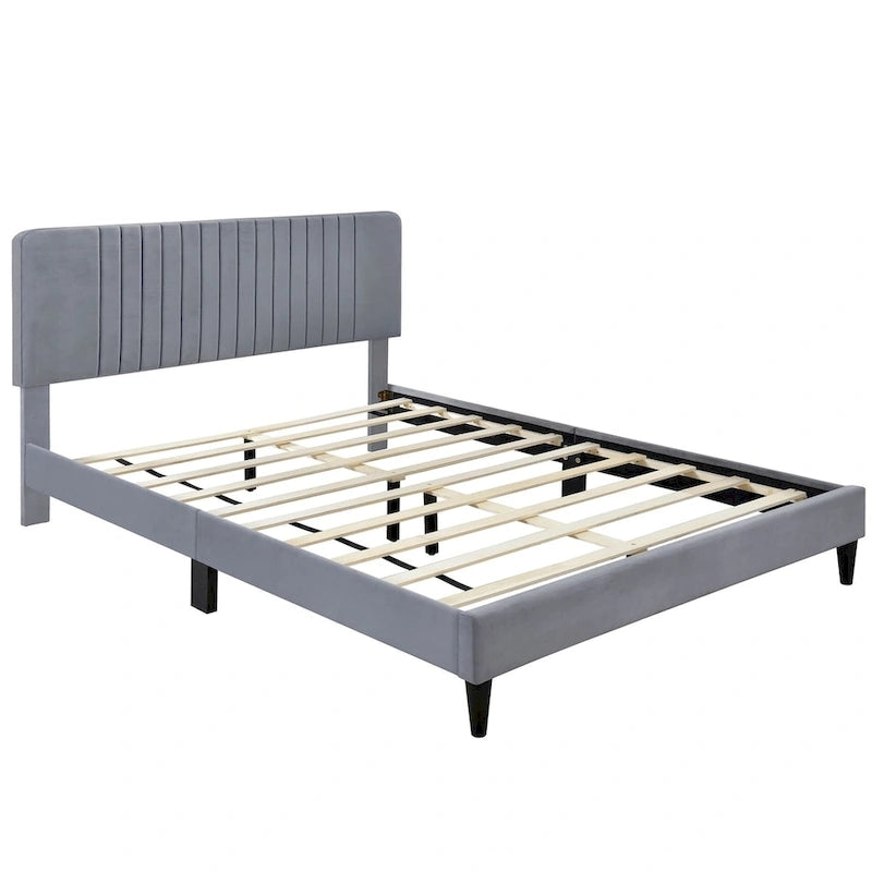 Cama de plataforma tapizada en terciopelo verde/gris, tamaños matrimonial y queen, no necesita somier, para 2