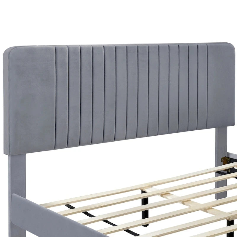 Cama de plataforma tapizada en terciopelo verde/gris, tamaños matrimonial y queen, no necesita somier, para 2