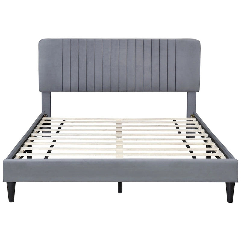Cama de plataforma tapizada en terciopelo verde/gris, tamaños matrimonial y queen, no necesita somier, para 2