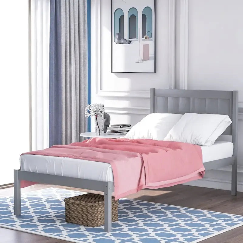 Cama plataforma individual blanca/gris con cabecero