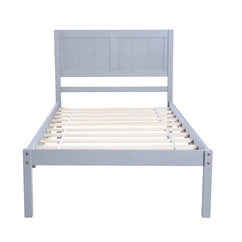 Cama plataforma individual blanca/gris con cabecero