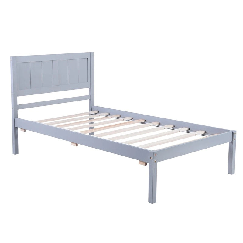 Cama plataforma individual blanca/gris con cabecero