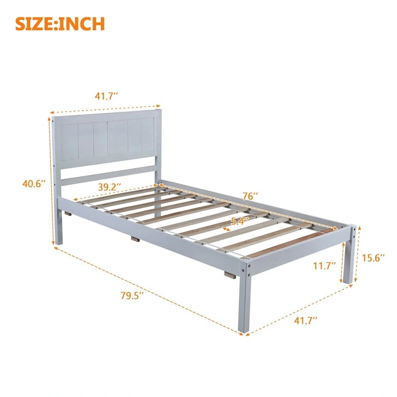 Cama plataforma individual blanca/gris con cabecero
