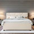 Cama Queen de plataforma de lino beige/gris con cama nido y 2 cajones, montaje para 2 personas