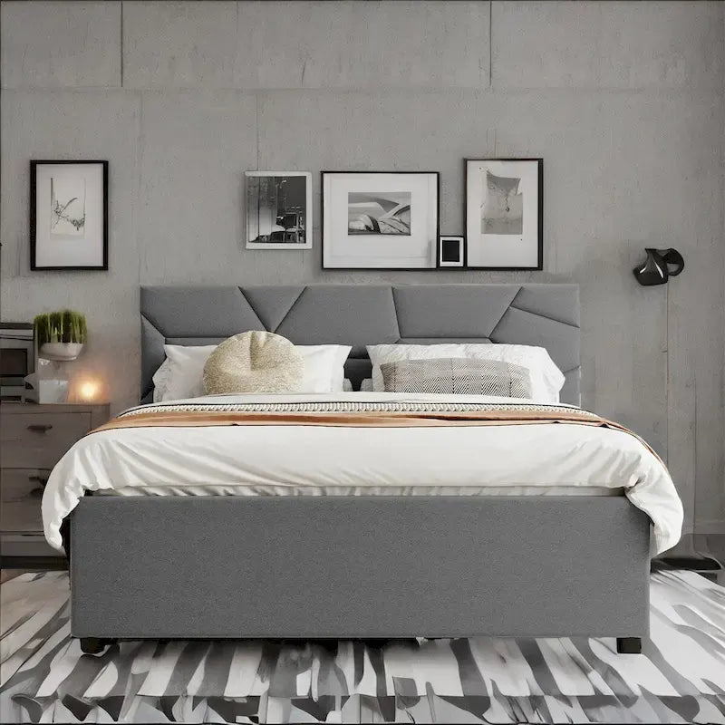 Cama Queen de plataforma de lino beige/gris con cama nido y 2 cajones, montaje para 2 personas