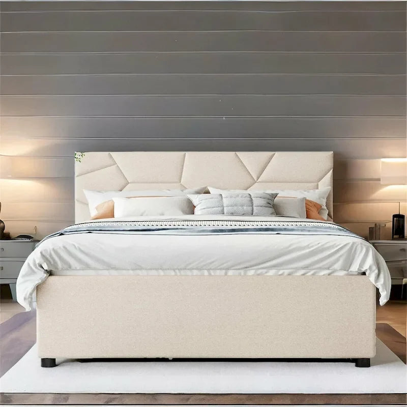Cama Queen de plataforma de lino beige/gris con cama nido y 2 cajones, montaje para 2 personas