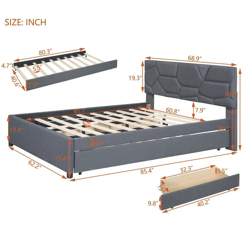 Cama Queen de plataforma de lino beige/gris con cama nido y 2 cajones, montaje para 2 personas